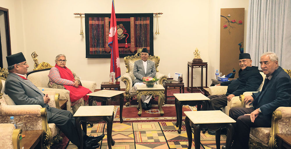 राष्ट्रपतिको सहजीकरणमा प्रधानमन्त्री र शीर्ष नेताबीच पहिलो भेट, संवादहीनता तोडियो